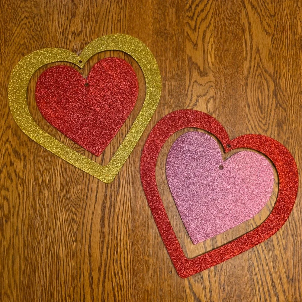 Vintage 90s 2 Glitter Hanging Hearts Valentines Day Decor Red Gold Pink‎ 10x11in